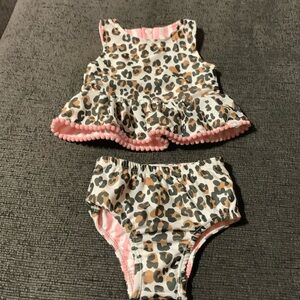 Mud Pie Swim Set Leopard Pom Stripe Hat 6-9 mos